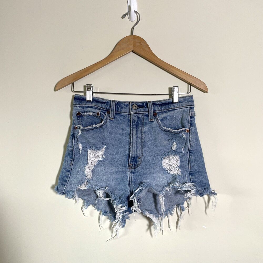 Abercrombie & Fitch Women's High Rise Mom Distressed Shorts Size 27/4 Light Blue